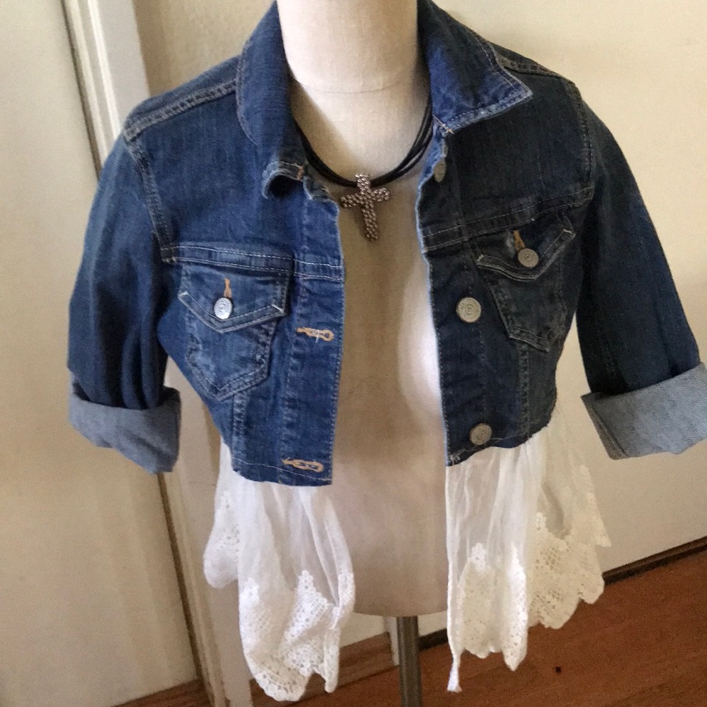Cute Upcycled Jean Jacket with Lace Trim